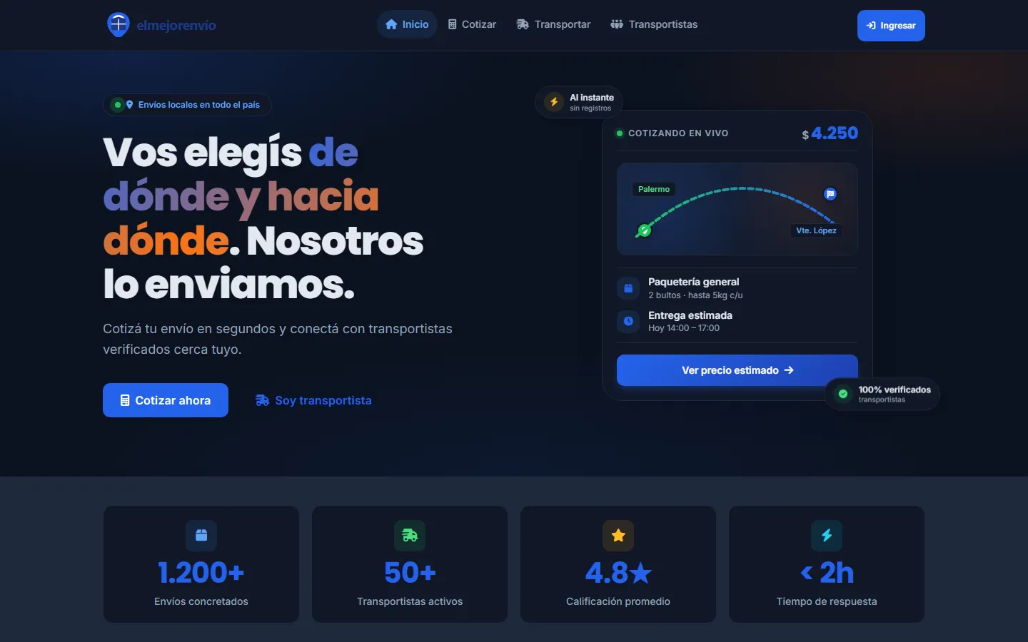 Página de inicio de elmejorenvio con el cotizador en vivo