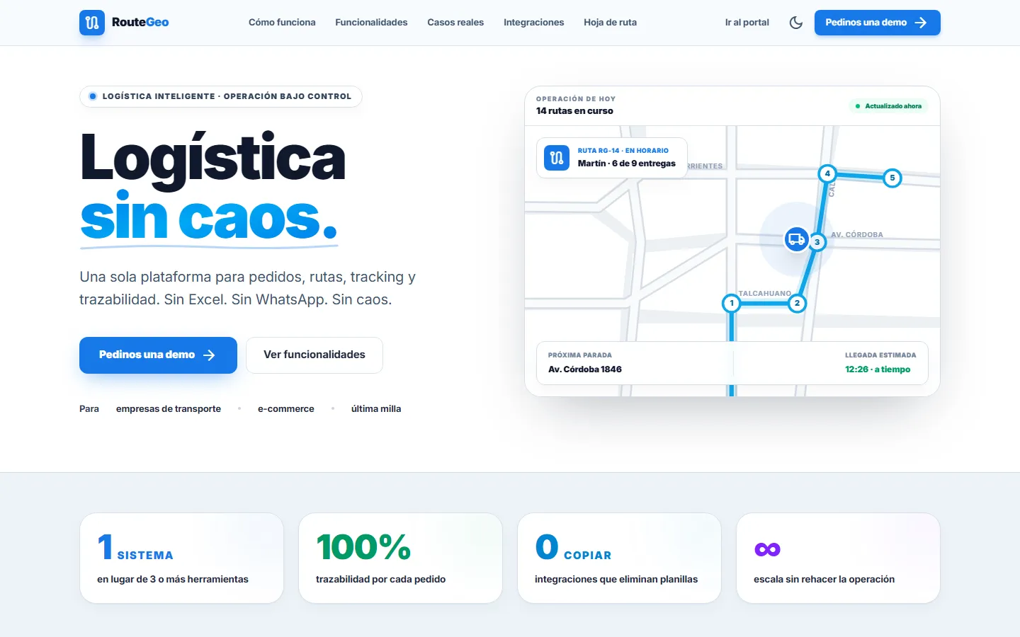 Página de inicio de RouteGeo con el mapa de rutas en curso